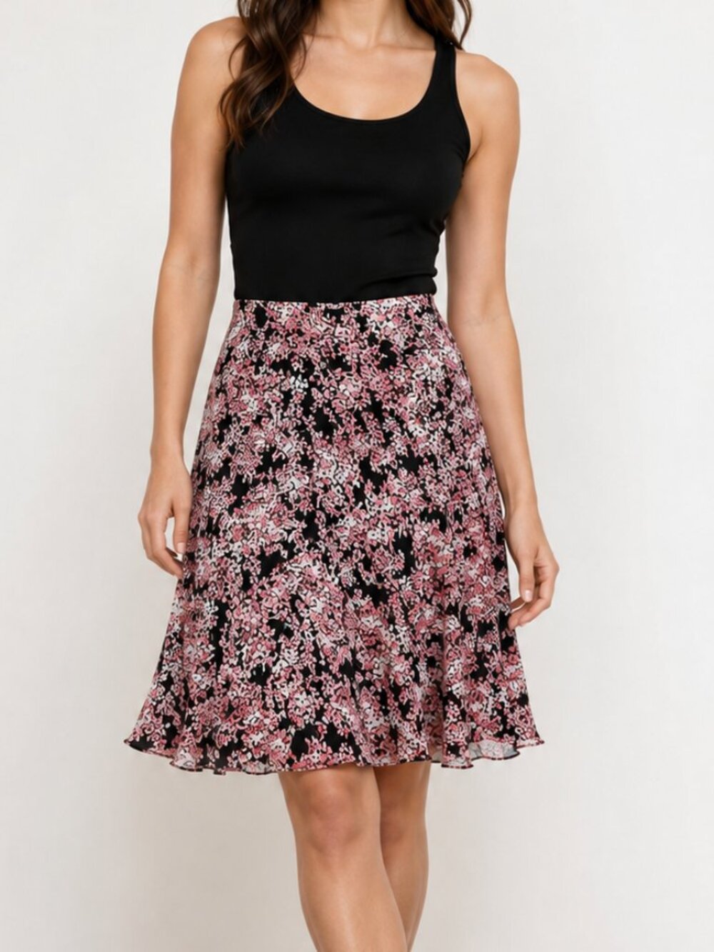 Style & Co. Petite Floral Rayon Skirt Size 6P Black Pink Ruffle Hem Cottagecore